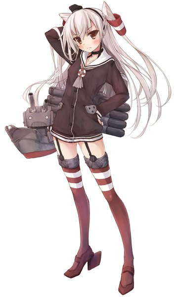 Anime picture 600x1000 with kantai collection amatsukaze destroyer rensouhou-kun suien single long hair tall image looking at viewer blush white background brown eyes white hair two side up girl thighhighs weapon hat hair tubes sailor suit mini hat