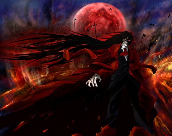 Anime picture 1500x1188 with hellsing terminator alucard (hellsing) ika ry single long hair black hair red eyes teeth glowing glowing eye (eyes) sharp teeth vampire demon parody destruction red moon mechanical parts boy gloves