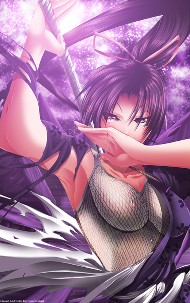 Anime picture 900x1431 with history's strongest disciple kenichi shigure kosaka hikarinogiri single long hair tall image looking at viewer light erotic red eyes purple hair ponytail traditional clothes japanese clothes armpit (armpits) coloring girl weapon sword katana