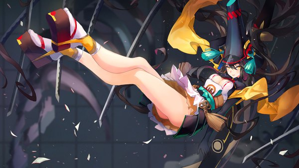 Anime picture 1920x1080 with onmyoji youtouhime princess of evil blade criin single looking at viewer fringe highres breasts light erotic hair between eyes brown hair wide image yellow eyes cleavage full body very long hair depth of field wallpaper crossed legs