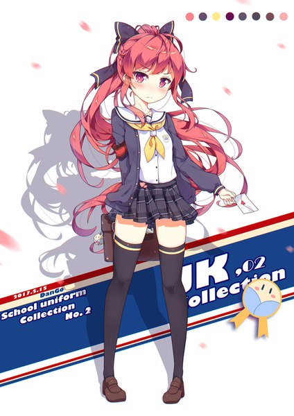 Anime picture 1000x1414 with original dango remi single long hair tall image blush red eyes full body ponytail red hair shadow zettai ryouiki plaid skirt arm behind back >:( girl thighhighs skirt uniform bow