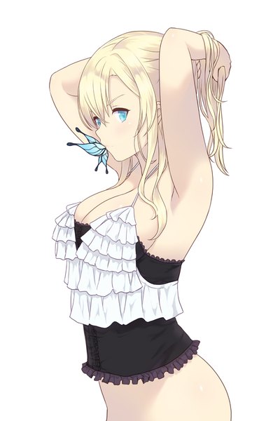 Anime picture 700x1050 with boku wa tomodachi ga sukunai kashiwazaki sena cait single long hair tall image breasts blue eyes light erotic simple background blonde hair white background holding ponytail mouth hold girl hair ornament butterfly hair ornament