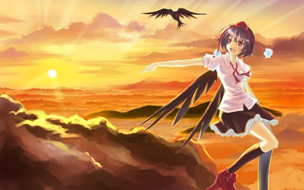 Anime picture 1440x900 with touhou shameimaru aya miyakure single short hair open mouth black hair red eyes wide image evening sunset girl wings sun tokin hat