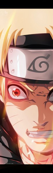Anime picture 492x1600 with naruto studio pierrot naruto (series) uzumaki naruto i-azu single tall image short hair blonde hair red eyes grin coloring facial mark light letterboxed close-up face whisker markings angry jinchuriki