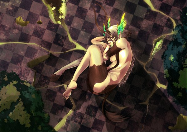 Anime picture 1637x1158 with original otzer single long hair light erotic white hair tail eyes closed horn (horns) from above pointy ears demon girl sleeping checkered floor head wings floor embryo's pose bodypaint hooves girl