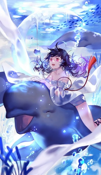 Anime picture 1000x1724 with original joseph lee single long hair tall image open mouth black hair red eyes bare shoulders bent knee (knees) eyes closed long sleeves wide sleeves happy underwater girl detached sleeves animal water shorts