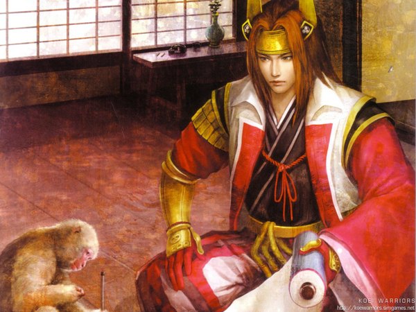 Anime picture 1024x768 with sengoku musou mitsunari ishida (samurai warriors) long hair sitting brown eyes red hair boy gloves animal armor helmet scroll monkey