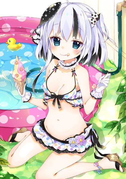 Anime picture 1056x1500 with original polka-chan chico152 single tall image looking at viewer blush short hair breasts blue eyes light erotic sitting bare shoulders full body ahoge bent knee (knees) outdoors white hair pleated skirt multicolored hair