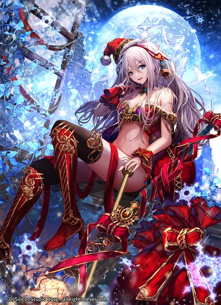 Anime picture 653x900 with age of ishtaria jname single long hair tall image looking at viewer blue eyes light erotic white hair night christmas girl navel flower (flowers) bow hat moon staff gift santa claus hat