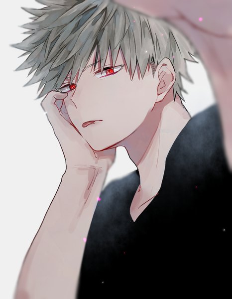 Anime picture 896x1152 with boku no hero academia studio bones bakugou katsuki suzu (pixiv4928382) single tall image looking at viewer short hair simple background red eyes upper body grey hair grey background :p spiked hair boy tongue t-shirt