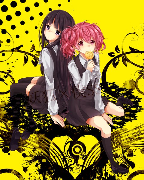 Anime picture 2000x2500 with inu x boku ss david production shirakiin ririchiyo roromiya karuta long hair tall image highres short hair black hair red eyes purple eyes multiple girls pink hair girl thighhighs uniform black thighhighs 2 girls school uniform socks