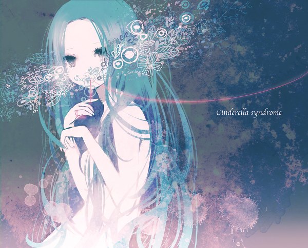 Anime picture 1200x968 with original mirusa single long hair aqua eyes aqua hair girl plant (plants) leaf (leaves)