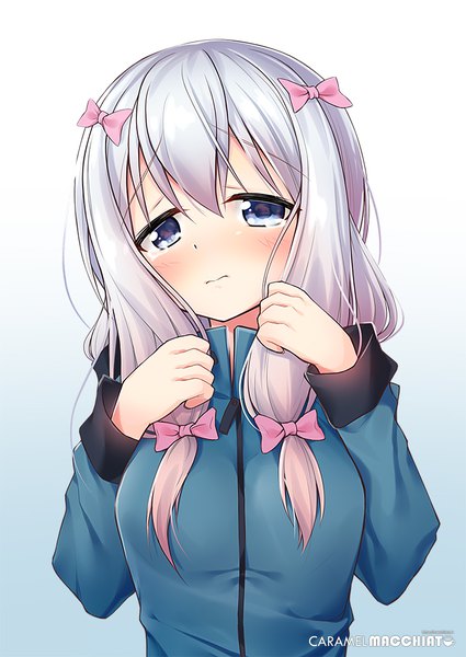 Anime picture 725x1024 with eromanga sensei a-1 pictures izumi sagiri macchiato (jae-min cho) single long hair tall image looking at viewer blush fringe blue eyes simple background hair between eyes signed silver hair upper body head tilt tears gradient background girl
