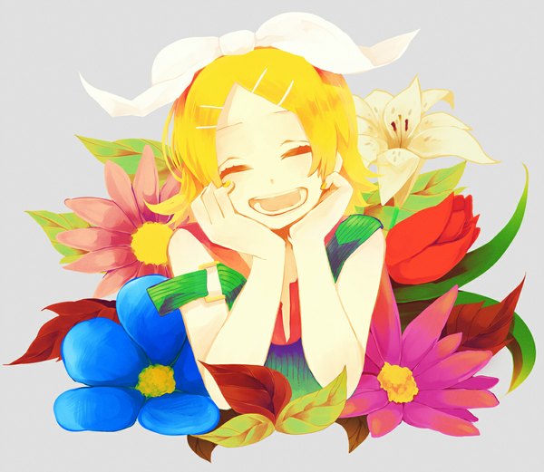 Anime picture 1150x1000 with vocaloid kagamine rin kyama single short hair open mouth simple background blonde hair smile bare shoulders eyes closed off shoulder grey background head rest laughing girl hair ornament flower (flowers) bow hair bow