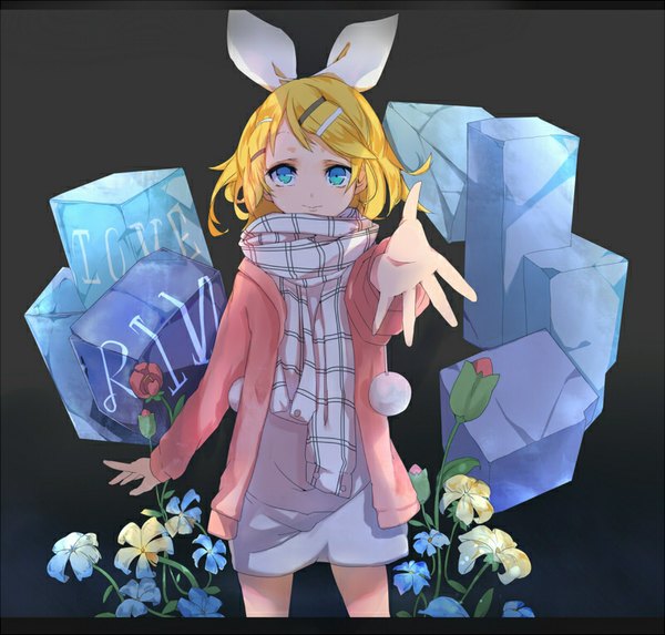 Anime picture 800x764 with vocaloid kagamine rin mitu yang single short hair blue eyes simple background blonde hair smile standing open clothes open jacket outstretched arm black background dark background girl hair ornament flower (flowers) jacket hairclip