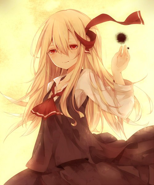 Anime picture 900x1080 with touhou rumia misa (kaeruhitode) single long hair tall image looking at viewer blush fringe simple background blonde hair hair between eyes red eyes upper body long sleeves light smile wind outstretched arm alternate hairstyle open collar