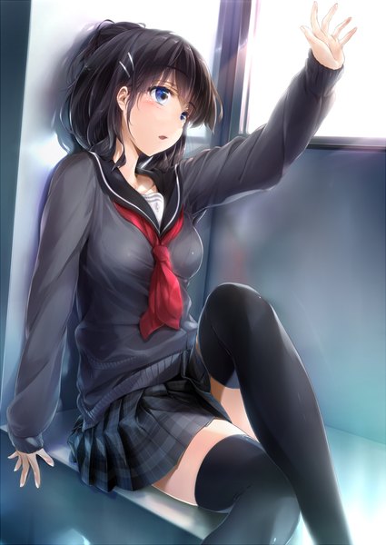 Anime picture 1000x1411 with sword art online a-1 pictures kirigaya suguha wingheart single tall image short hair open mouth blue eyes black hair zettai ryouiki girl thighhighs skirt black thighhighs miniskirt sweater