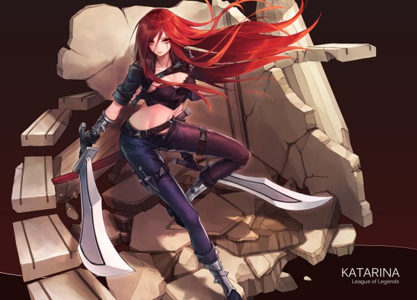 Anime picture 1200x865 with league of legends katarina (league of legends) curry bowl single long hair looking at viewer fringe breasts simple background hair between eyes red eyes large breasts standing holding cleavage bent knee (knees) red hair from above wind lips