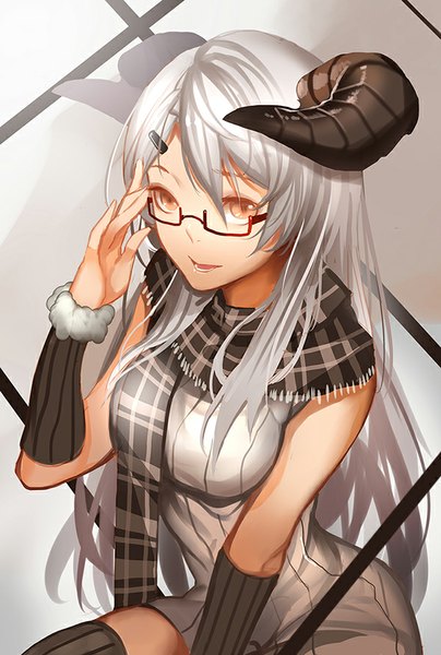 Anime picture 600x890 with original xiaoshou xiansheng single long hair tall image looking at viewer breasts open mouth smile sitting brown eyes white hair horn (horns) from above girl thighhighs dress hair ornament black thighhighs glasses