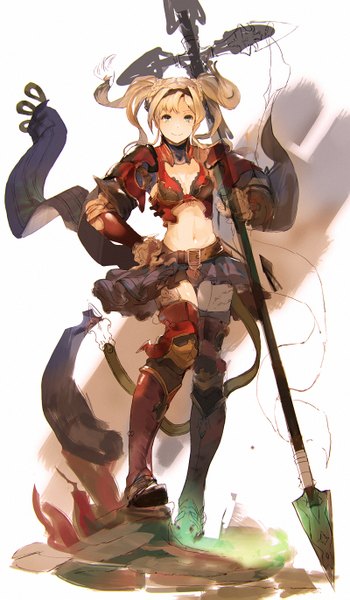 Anime picture 800x1371 with granblue fantasy zeta (granblue fantasy) so-bin single long hair tall image looking at viewer fringe simple background blonde hair smile standing white background twintails holding bent knee (knees) pleated skirt aqua eyes wind bare belly