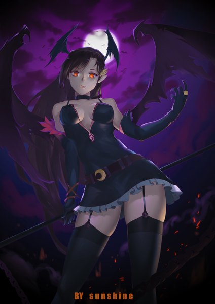 Anime picture 2480x3507 with touhou koakuma sunshine (1638509769) single long hair tall image fringe highres breasts light erotic red eyes bare shoulders holding signed cleavage night fang (fangs) alternate costume zettai ryouiki night sky