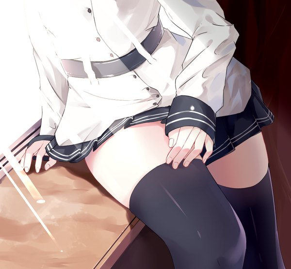 Anime picture 972x900 with kantai collection hibiki destroyer verniy destroyer hamaru (s5625t) single light erotic sitting bent knee (knees) indoors long sleeves pleated skirt sunlight leaning hand on hip sunbeam head out of frame girl thighhighs skirt black thighhighs