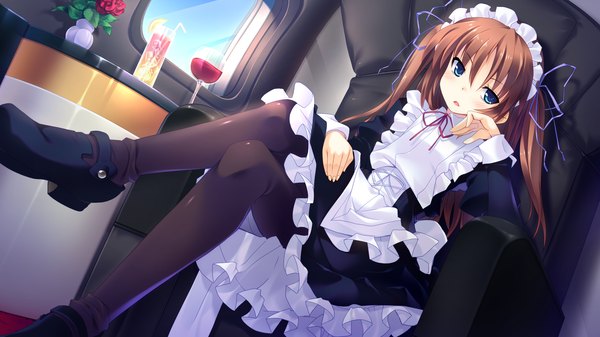 Anime picture 2048x1152 with guardian place skyfish (studio) ootori aoi tsurugi hagane single long hair blush highres open mouth blue eyes brown hair wide image maid crossed legs girl flower (flowers) pantyhose headdress maid headdress