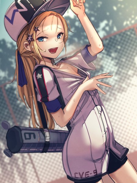 Anime picture 3000x4000 with azur lane bogue (azur lane) at2. single long hair tall image looking at viewer blush highres open mouth blue eyes light erotic blonde hair smile standing outdoors ponytail :d blurry teeth
