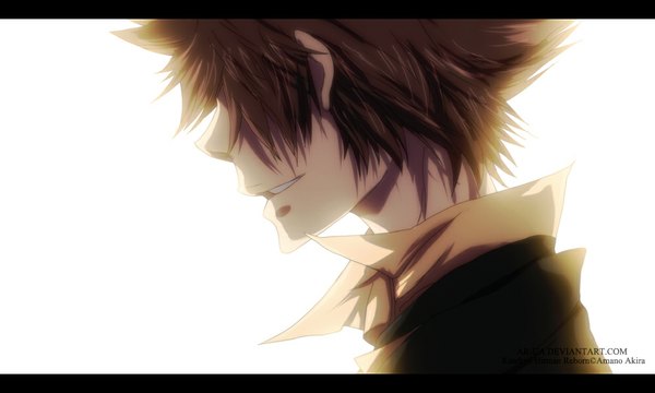 Anime picture 1000x600 with katekyou hitman reborn sawada tsunayoshi ar-ua single short hair simple background smile brown hair wide image white background profile coloring spiked hair alternate age boy shirt