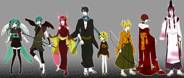 Anime picture 2289x971 with vocaloid hatsune miku megurine luka kagamine rin kagamine len kaito (vocaloid) meiko kamui gakupo hatsune mikuo tagme (artist) long hair highres short hair blue eyes blonde hair wide image multiple girls green eyes animal ears traditional clothes