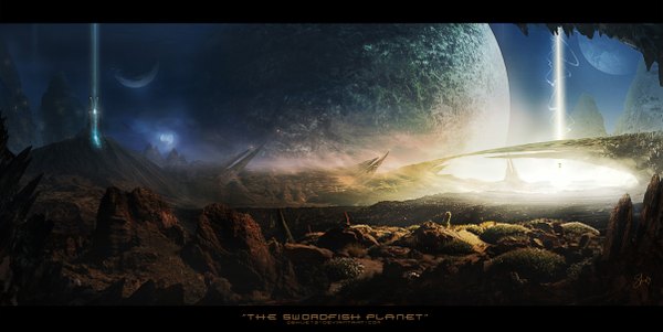 Anime picture 4821x2420 with original shue13 highres wide image absurdres sky light mountain no people landscape fantasy scenic science fiction planet