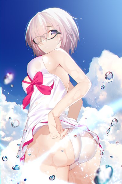 Anime picture 800x1200 with fate (series) fate/grand order mash kyrielight mash kyrielight (swimsuit of perpetual summer) machimura komori single tall image looking at viewer blush fringe short hair breasts light erotic purple eyes pink hair sky cloud (clouds) ass hair over one eye from below