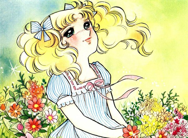 Anime picture 1000x739 with candy candy toei animation candice white ardlay single long hair blush blonde hair twintails green eyes lips wavy hair looking up girl flower (flowers) bow hair bow sundress