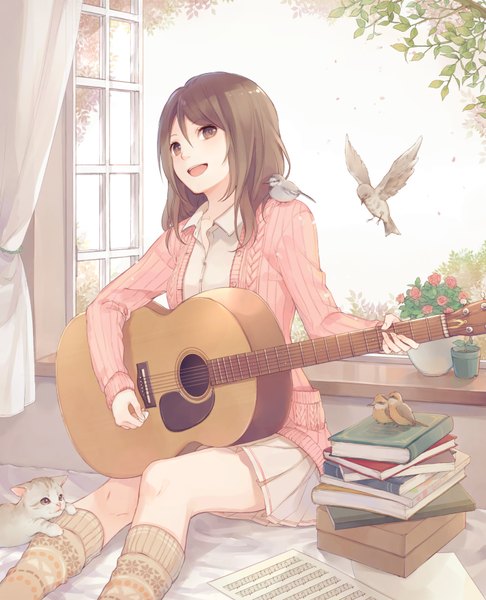 Anime picture 1411x1742 with original yuki yanagi (toumeikurage) single long hair tall image looking at viewer open mouth smile brown hair sitting brown eyes bent knee (knees) indoors pleated skirt happy open collar playing instrument singing animal on shoulder music