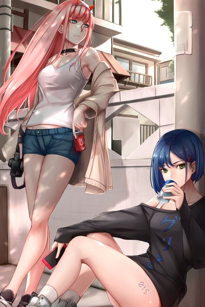 Anime picture 1200x1800 with darling in the franxx studio trigger zero two (darling in the franxx) ichigo (darling in the franxx) dydydyok long hair tall image looking at viewer fringe short hair breasts hair between eyes multiple girls holding green eyes payot blue hair looking away pink hair cleavage