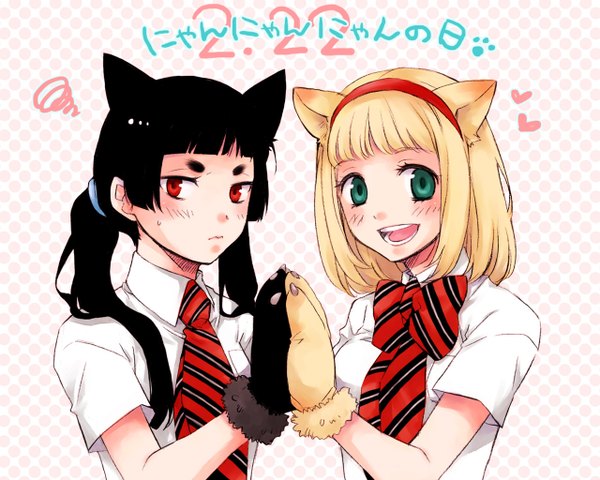 Anime picture 1280x1024 with ao no exorcist a-1 pictures moriyama shiemi kamiki izumo kiriexxx long hair blush short hair open mouth black hair blonde hair simple background red eyes twintails multiple girls green eyes animal ears cat ears inscription cat day