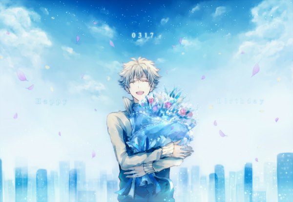 Anime picture 1317x913 with prince of tennis oshitari kenya ymst9 single short hair open mouth blonde hair sky cloud (clouds) eyes closed happy birthday boy flower (flowers) petals bouquet skyscraper