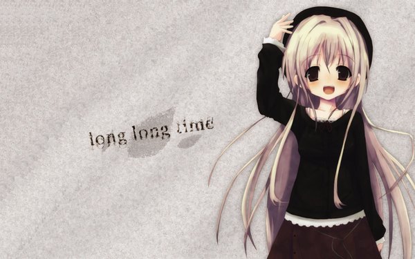 Anime picture 1920x1200 with shiro (octet) single long hair looking at viewer highres open mouth blonde hair wide image standing brown eyes :d arm up third-party edit extended girl skirt t-shirt cap