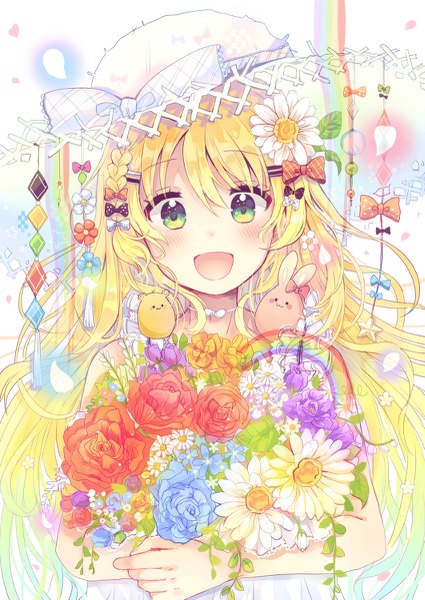 Anime picture 850x1201 with original sakura oriko single long hair tall image looking at viewer blush fringe open mouth blonde hair hair between eyes standing holding green eyes upper body :d sleeveless girl dress hair ornament