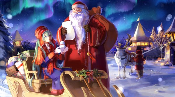 Anime picture 1440x805 with vocaloid hatsune miku santa claus achyue long hair smile wide image standing sitting white hair head tilt aqua hair night wide sleeves alternate costume christmas snow exhalation revision aurora borealis