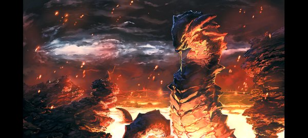 Anime picture 1284x578 with original bakurai (pixiv) wide image sky rock warrior lava sword fire dragon