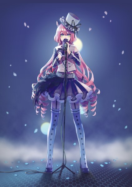 Anime picture 1000x1414 with original nanjou (sumeragimishiro) single long hair tall image looking at viewer fringe simple background standing yellow eyes pink hair drill hair dark background singing fog girl thighhighs skirt gloves detached sleeves