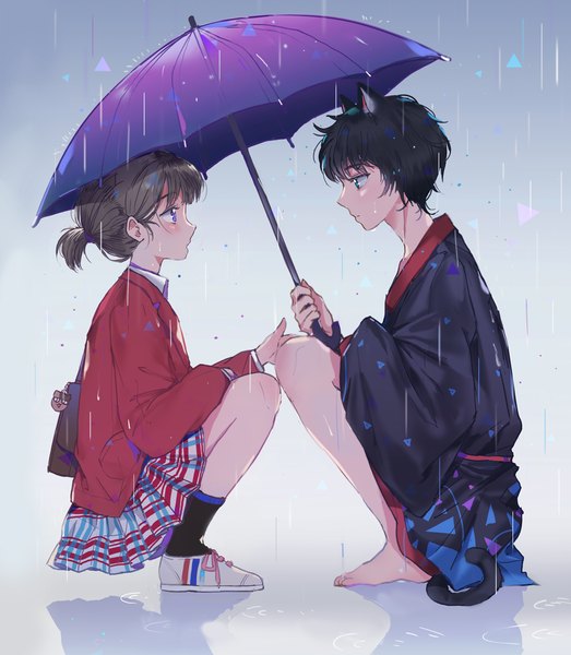 Anime picture 1000x1148 with original dangmill tall image blush fringe short hair black hair brown hair purple eyes animal ears ponytail tail traditional clothes japanese clothes animal tail profile barefoot aqua eyes cat ears shadow
