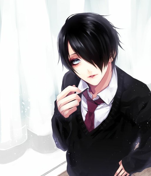 Anime picture 856x1000 with kuroko no basket production i.g himuro tatsuya asahiko single tall image looking at viewer fringe short hair black hair standing fingernails from above lips hair over one eye grey eyes alternate costume hand on hip boy necktie