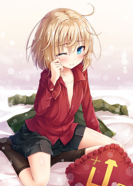 Anime picture 858x1200 with girls und panzer katyusha (girls und panzer) akashio (loli ace) single tall image looking at viewer blush fringe short hair blue eyes light erotic blonde hair hair between eyes sitting pleated skirt one eye closed open clothes open shirt flat chest partially open clothes