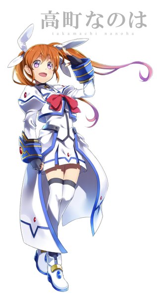 Anime picture 900x1700 with mahou shoujo lyrical nanoha mahou shoujo lyrical nanoha strikers takamachi nanoha yuuzii single long hair tall image fringe open mouth simple background brown hair white background purple eyes twintails looking away wind character names salute girl thighhighs