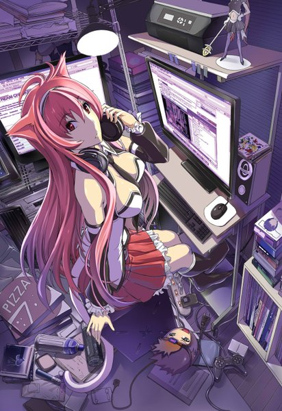 Anime picture 1024x1491 with original hakaba (dairiseki) single long hair tall image light erotic red eyes bare shoulders animal ears cleavage red hair animal tail girl dress detached sleeves headphones doll (dolls) monitor computer computer keyboard