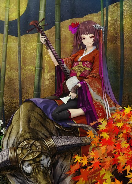 Anime picture 719x1000 with original redjuice single long hair tall image brown hair sitting holding brown eyes traditional clothes japanese clothes fingernails girl hair ornament plant (plants) animal kimono leaf (leaves) bamboo