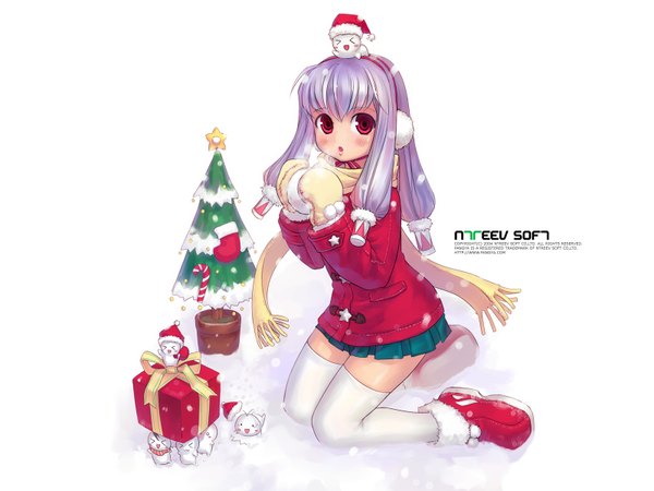Anime picture 1600x1200 with pangya tiki (pangya) seed (artist) single long hair looking at viewer blush open mouth red eyes purple hair pleated skirt inscription kneeling christmas winter snow steam girl thighhighs skirt