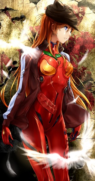 Anime picture 900x1700 with neon genesis evangelion rebuild of evangelion evangelion: 3.0 you can (not) redo gainax soryu asuka langley oota takeshi single long hair tall image looking at viewer blue eyes standing twintails animal ears looking away cat ears orange hair open clothes open jacket graffiti